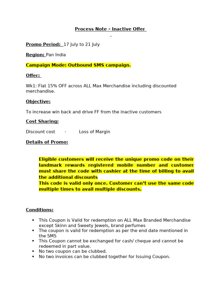Process Note - Inactive Offer Pan India | PDF