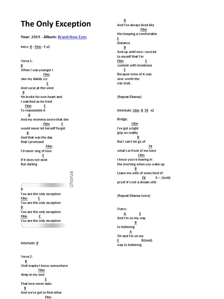 Paramore The Only Exception Chords PDF Song Structure Recorded