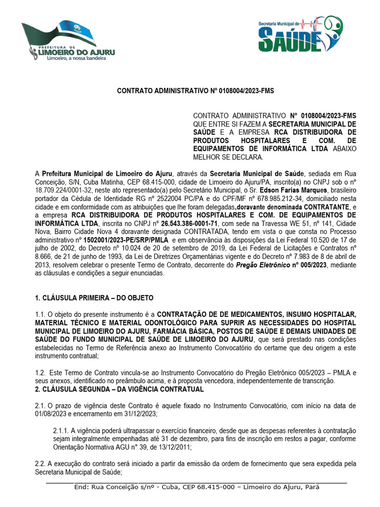 Contrato de Fornecimento de Medicamentos | PDF | Orçamento governamental