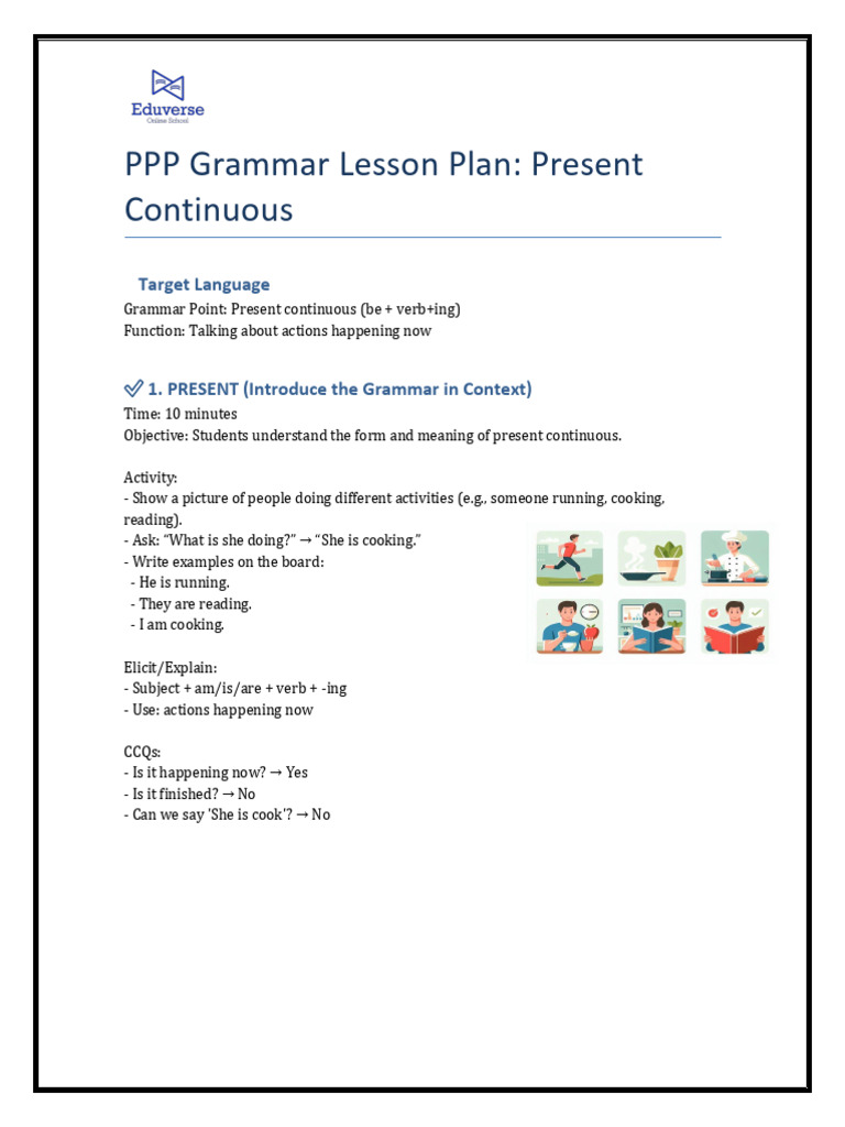 Present Continuous PPP Lesson Plan | PDF