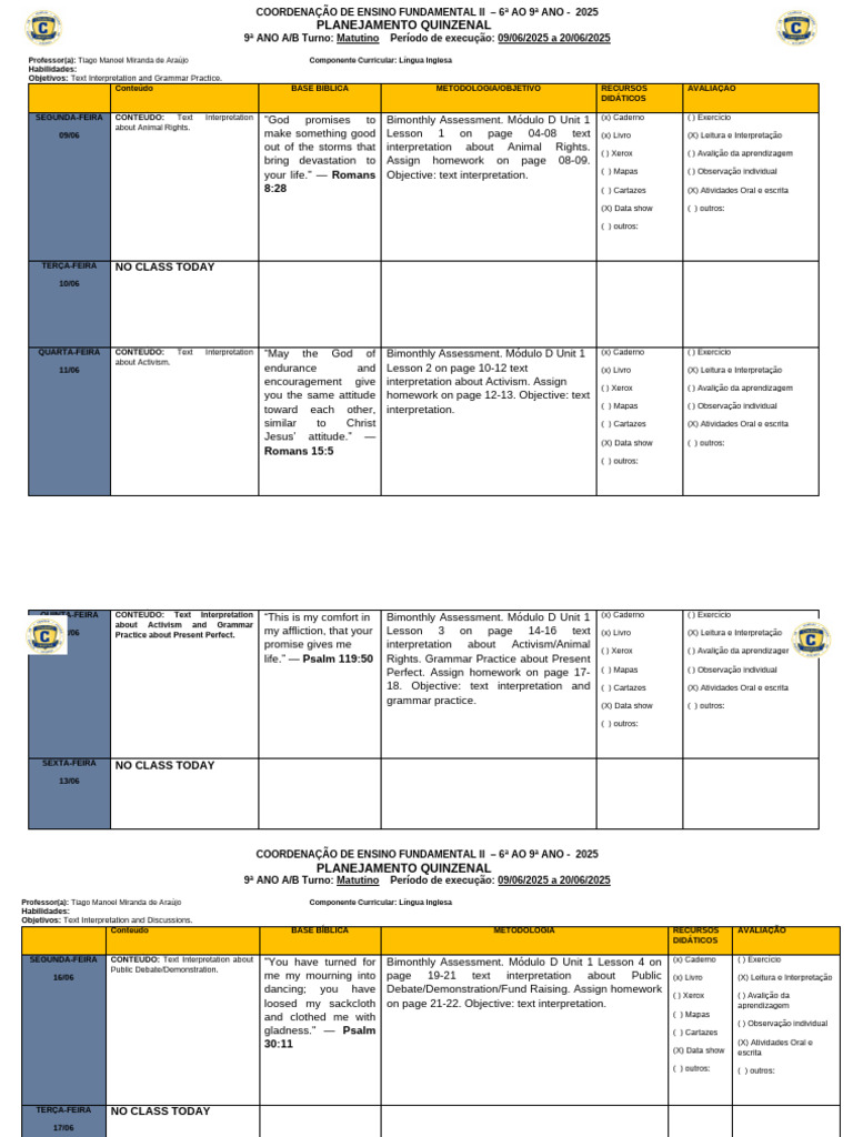 Planejamento 9ºA-B FUND II. 09.06 a 20.06 | PDF
