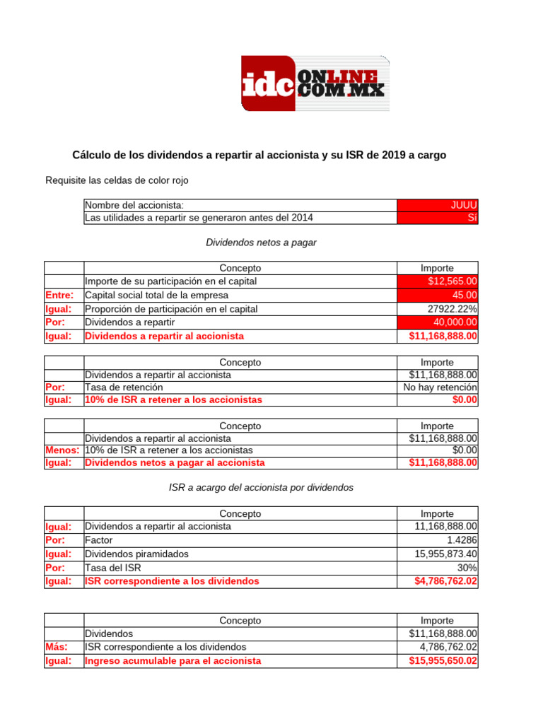Cálculo de Dividendos e ISR 2019 | PDF | Impuesto sobre la renta ...
