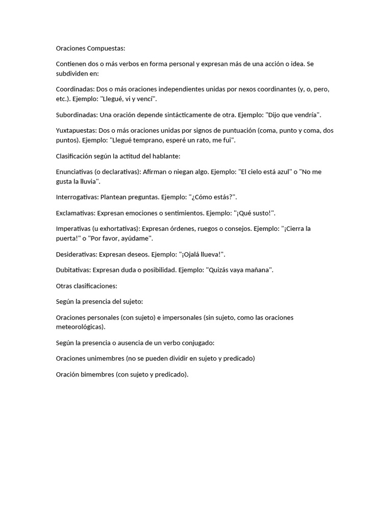 Tipos de Oraciones Compuestas y Clasificación | PDF