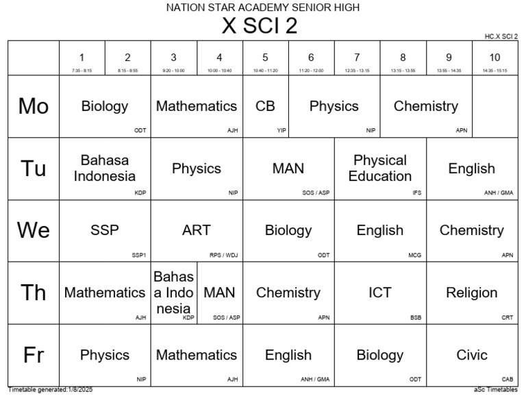 Senior High X SCI 2 Timetable 2025 | PDF