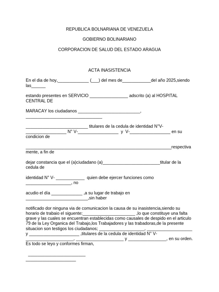 Acta de Inasistencia Laboral Venezuela | PDF