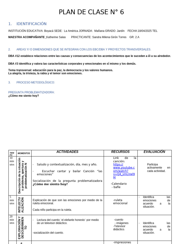 Plan de Clase N 6 | PDF | Las emociones