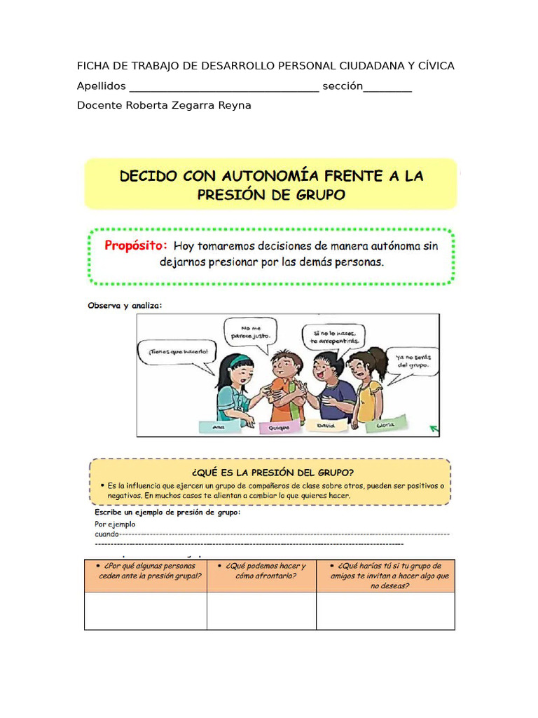 Ficha de Trabajo de Desarrollo Personal Ciudadana y Cívica | PDF