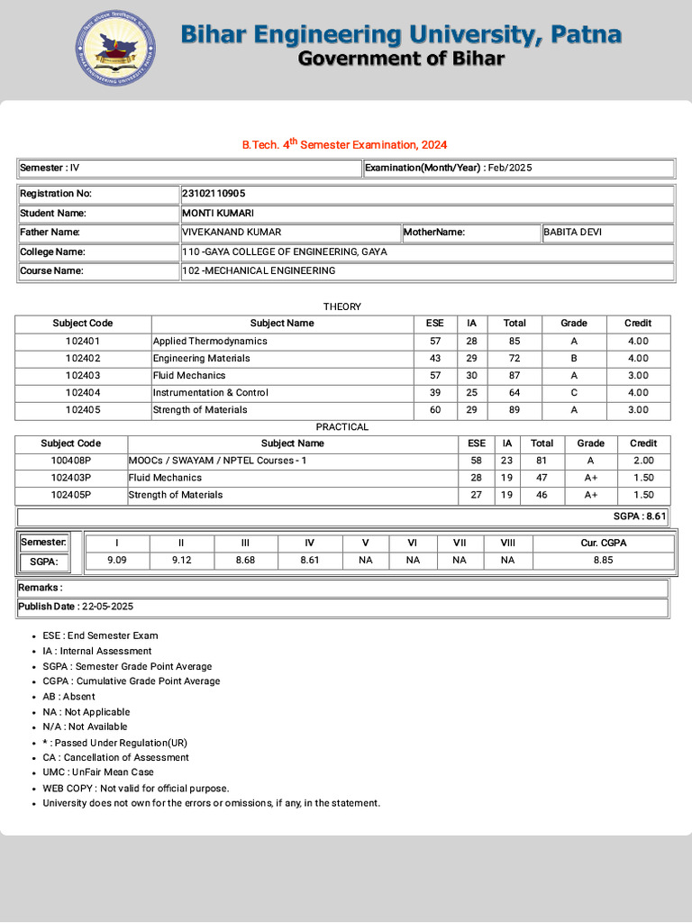 B.Tech 4th Semester Results 2025 | PDF | Educational Stages