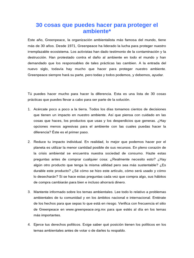 30 Acciones para Proteger el Ambiente | PDF | Contaminación | Agua