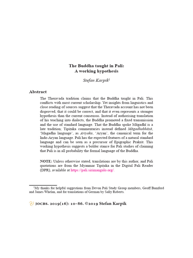 The Buddha Taught in Pali A Working Hypo | PDF | Pali | Linguistics