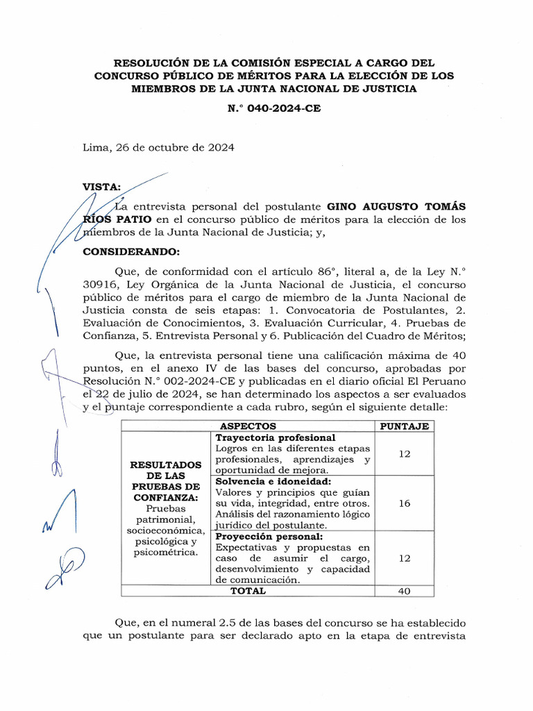 Resolucion evaluación Gino Ríos-Resolucion-N.°-040-2024-CE | PDF