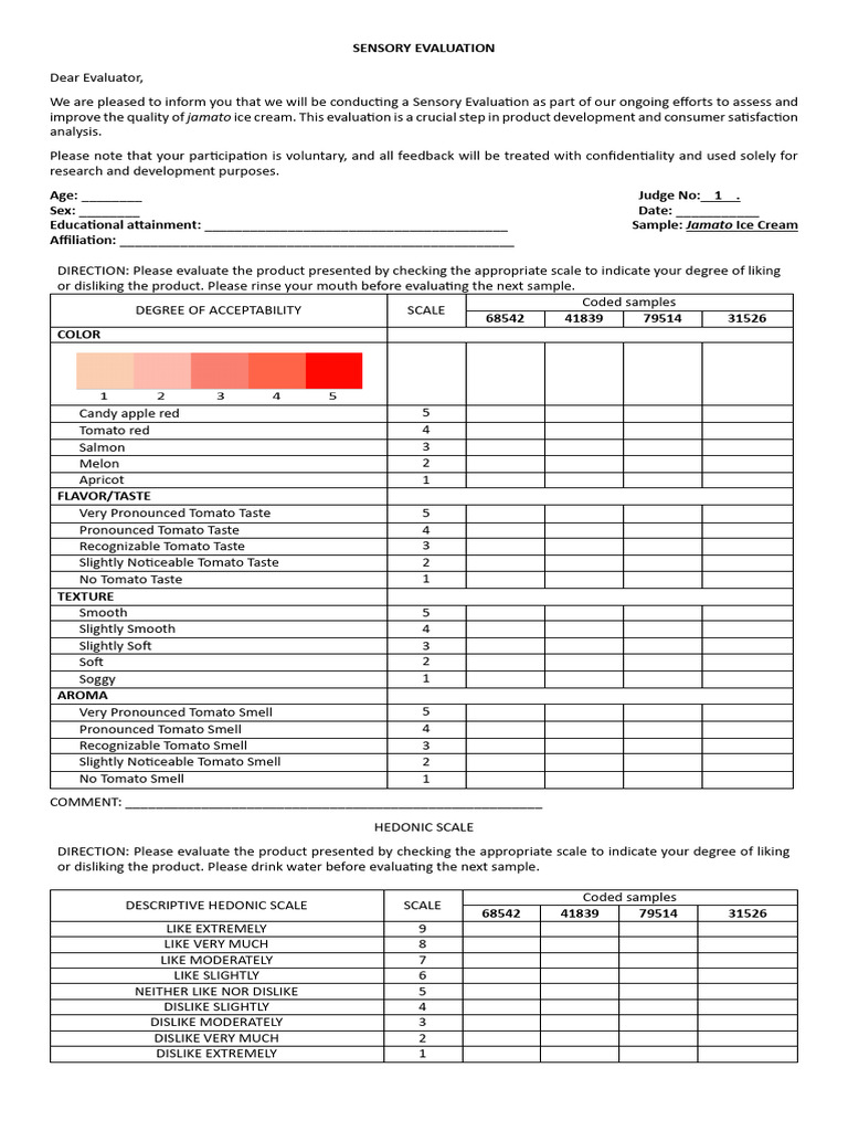 Sensory Evaluation of Jamato Ice Cream | PDF | Taste | Odor