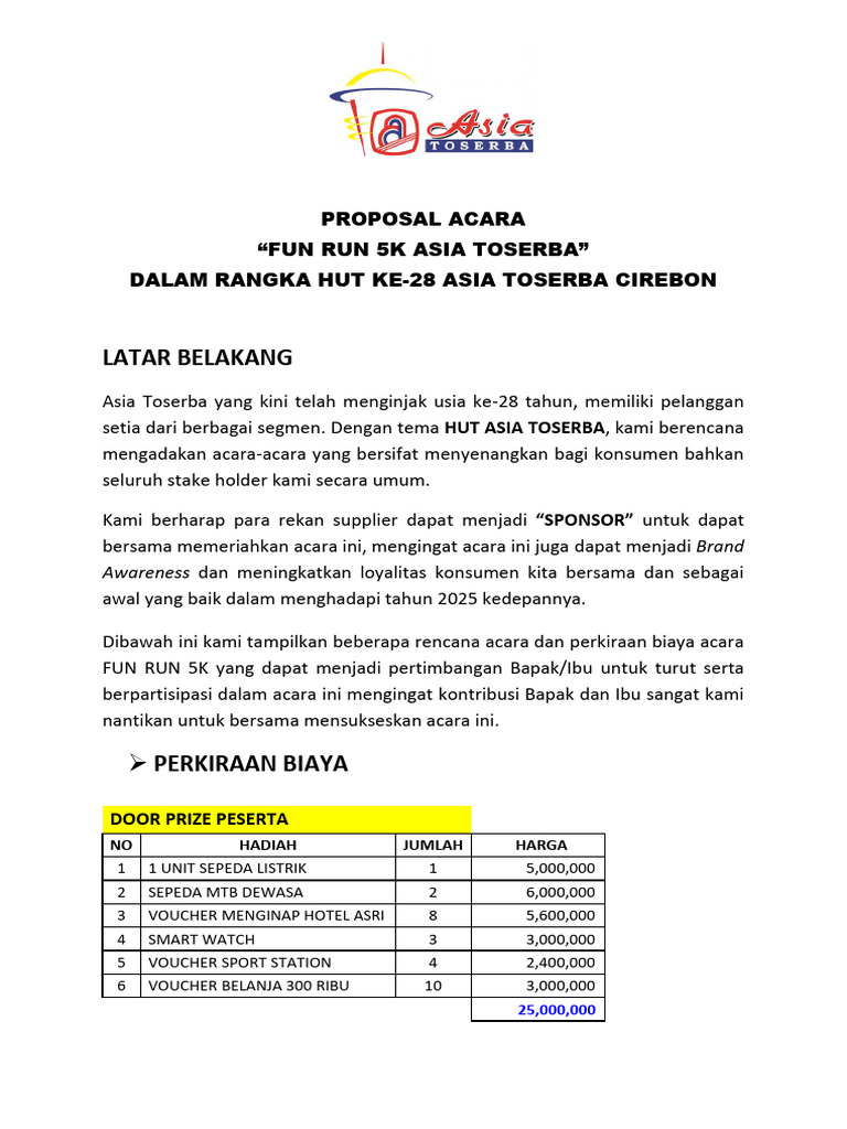 Proposal Fun Run 5K Asia Toserba | PDF