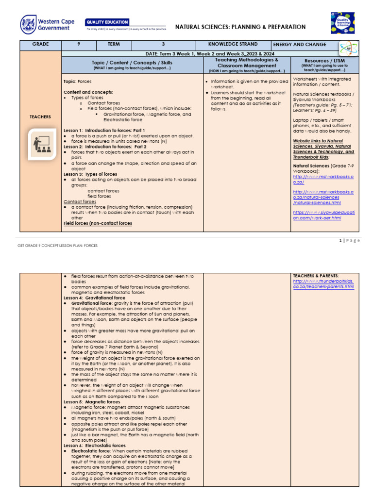 Grade 9 Forces Lesson Plan Term 3 | PDF | Force | Lightning