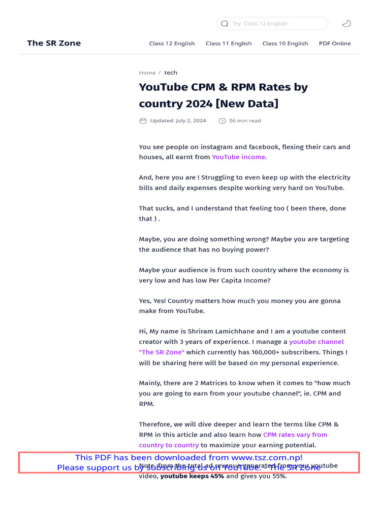 YouTube RPM and CPM Rates by Country 2024 | PDF | You Tube | Advertising