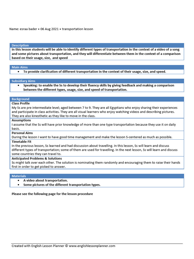Transportation Lesson Plan Outline | PDF | Cognitive Psychology ...