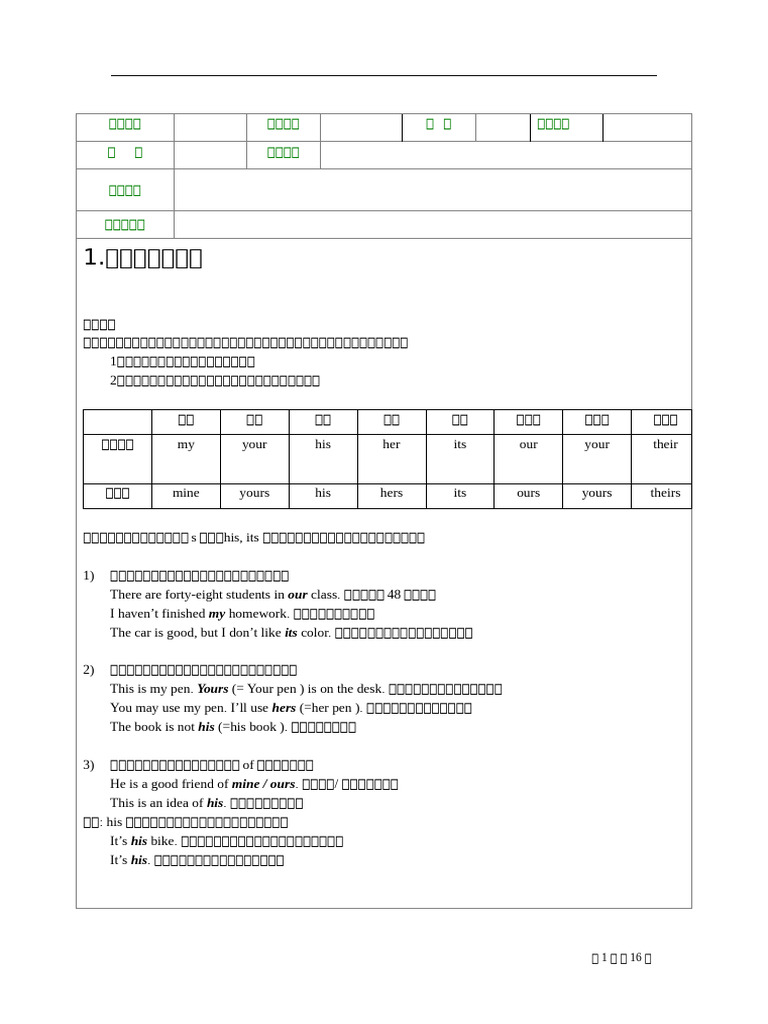 物主代词教学与练习 | PDF