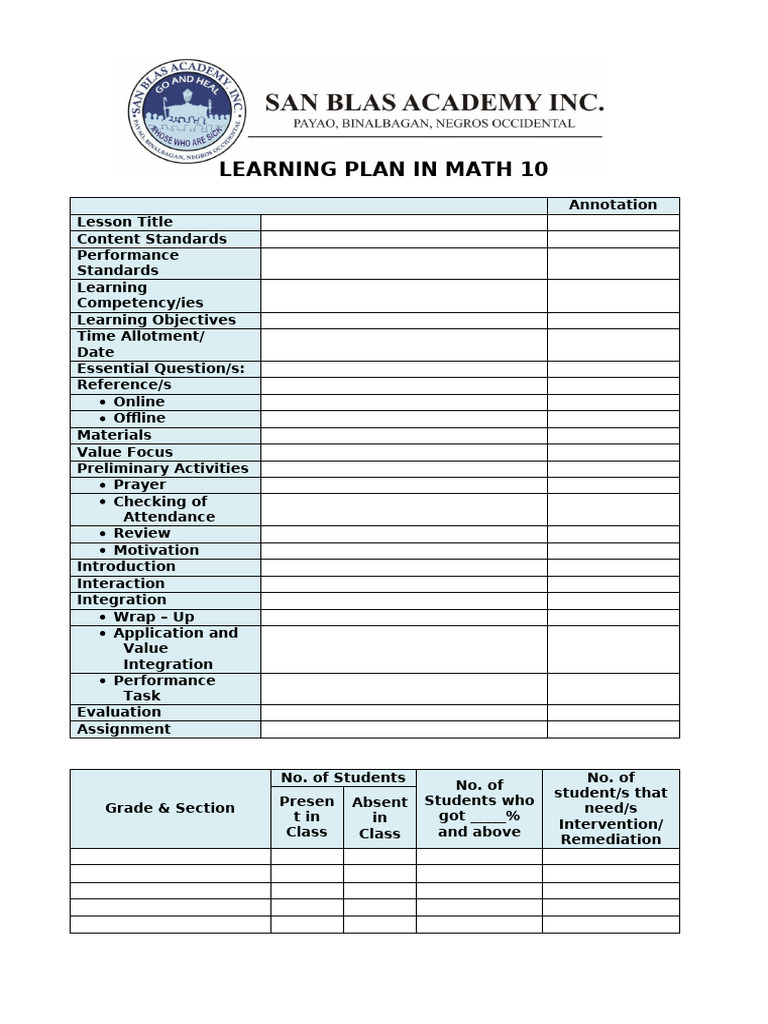 Math 10 Learning Plan Overview | PDF