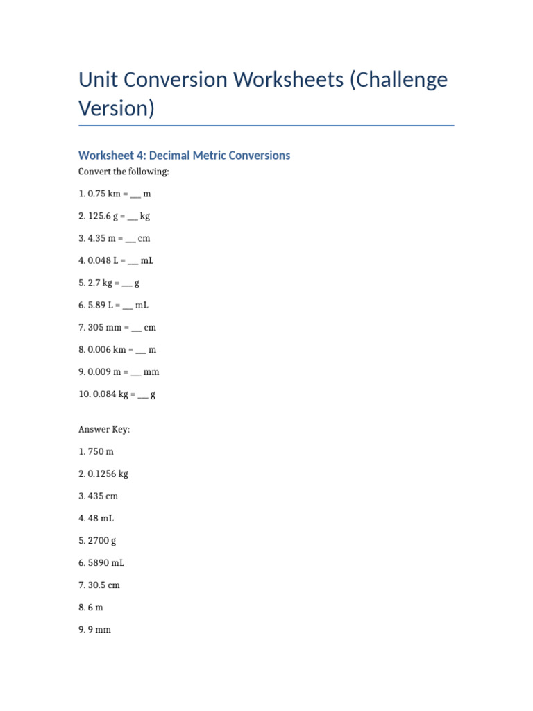 Unit Conversion Challenge Worksheets | PDF