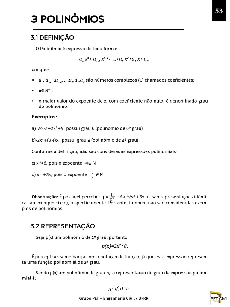 Definição e Operações com Polinômios | PDF | Polinomial | Número complexo
