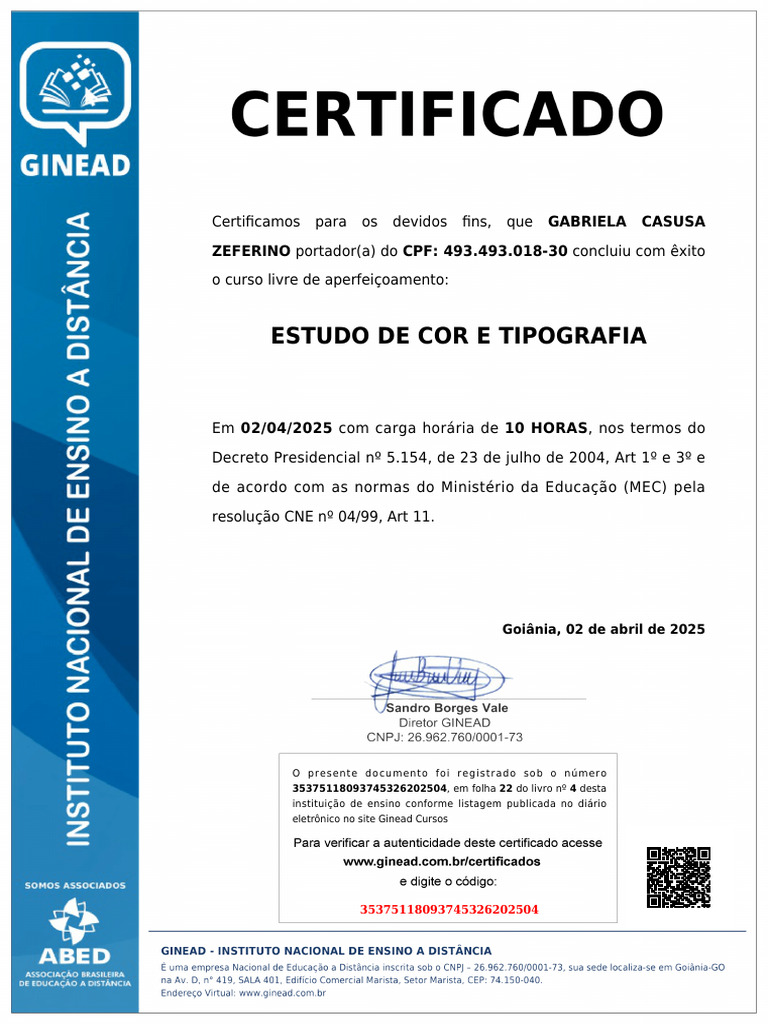 Certificado de Curso: Estudo de Cor e Tipografia | PDF