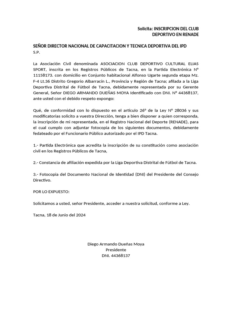 Inscripción Club Deportivo en RENADE | PDF