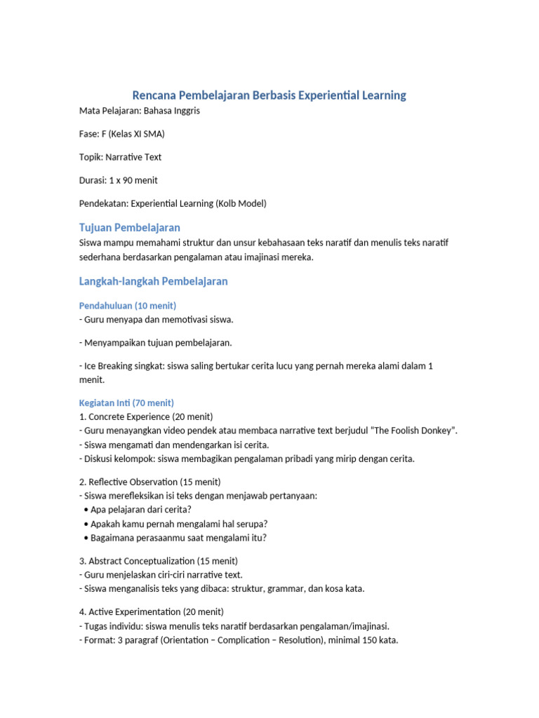 RPP Experiential Learning Kelas XI Inggris | PDF