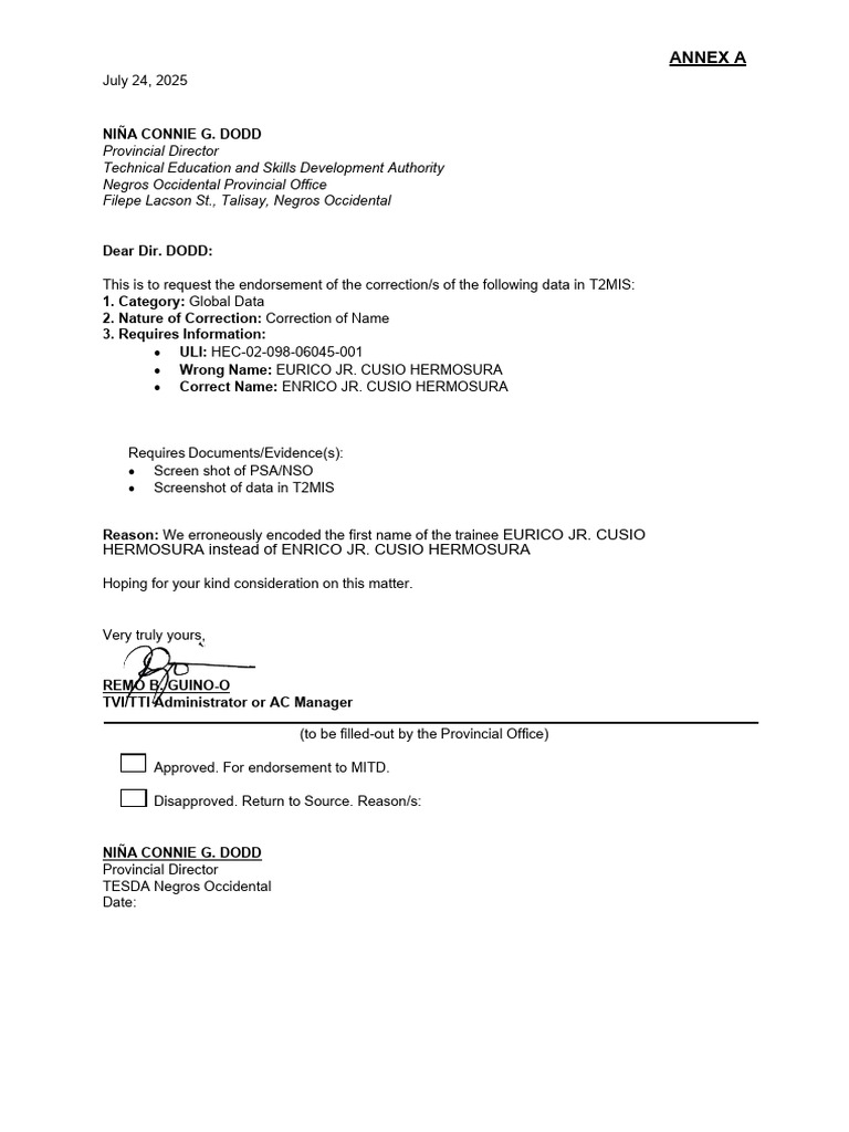 Correction Request for T2MIS Data | PDF
