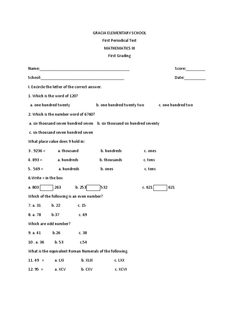 Worksheets Marh Test Grade 3 math 3 division mathematics numbers