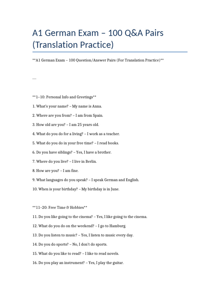 A1 German 100 QA Practice | PDF | Lunch | Foods