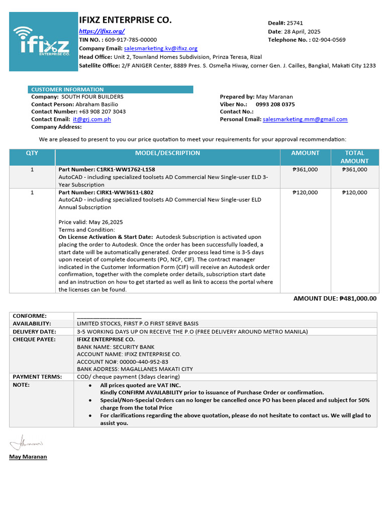 IFIXZ Price Quotation for AutoCAD Licenses | PDF | Subscription ...