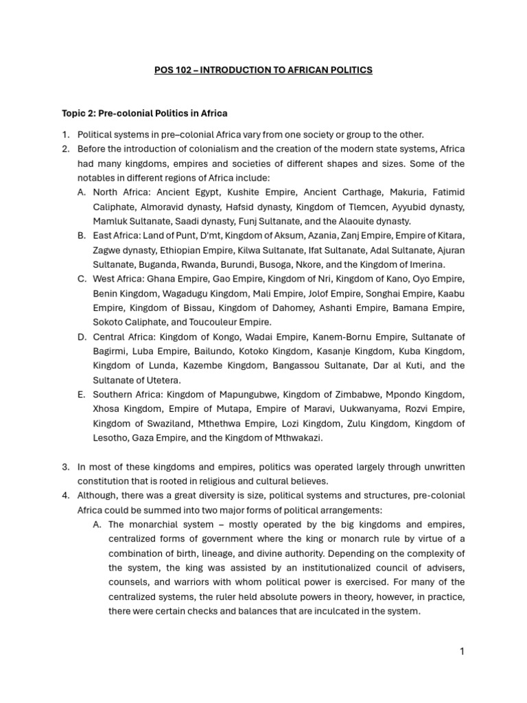 Pre-Colonial African Political Systems | PDF | Africa | Monarchy