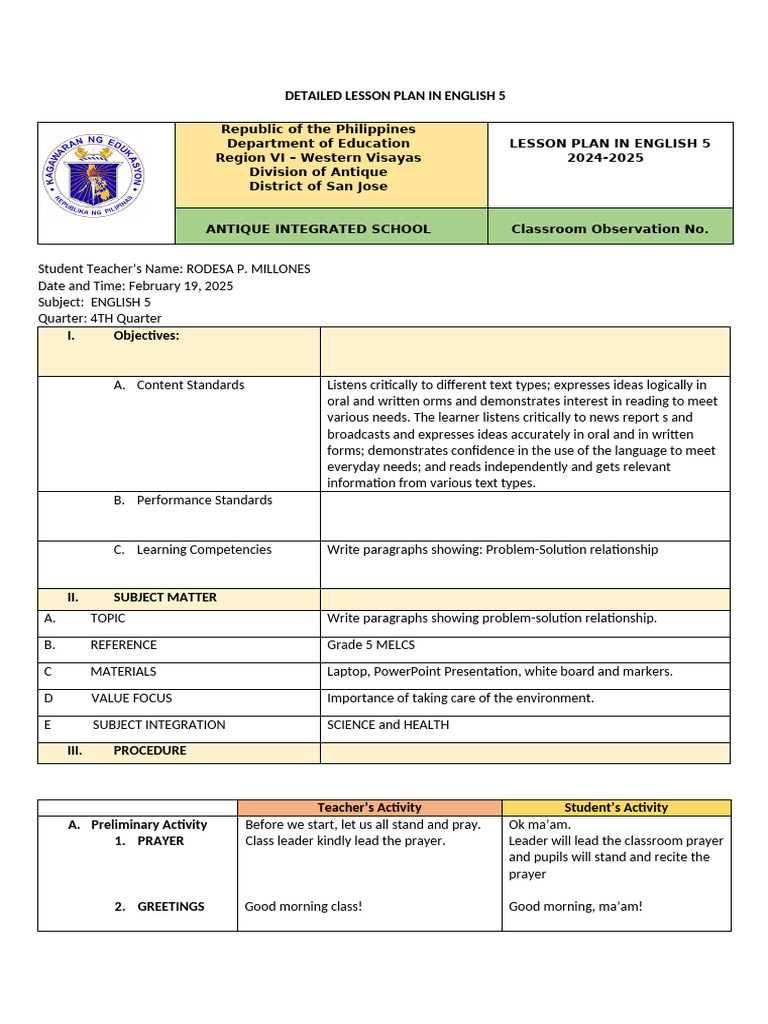 English 5 Lesson Plan: Problem-Solution Writing | PDF | Lesson Plan ...