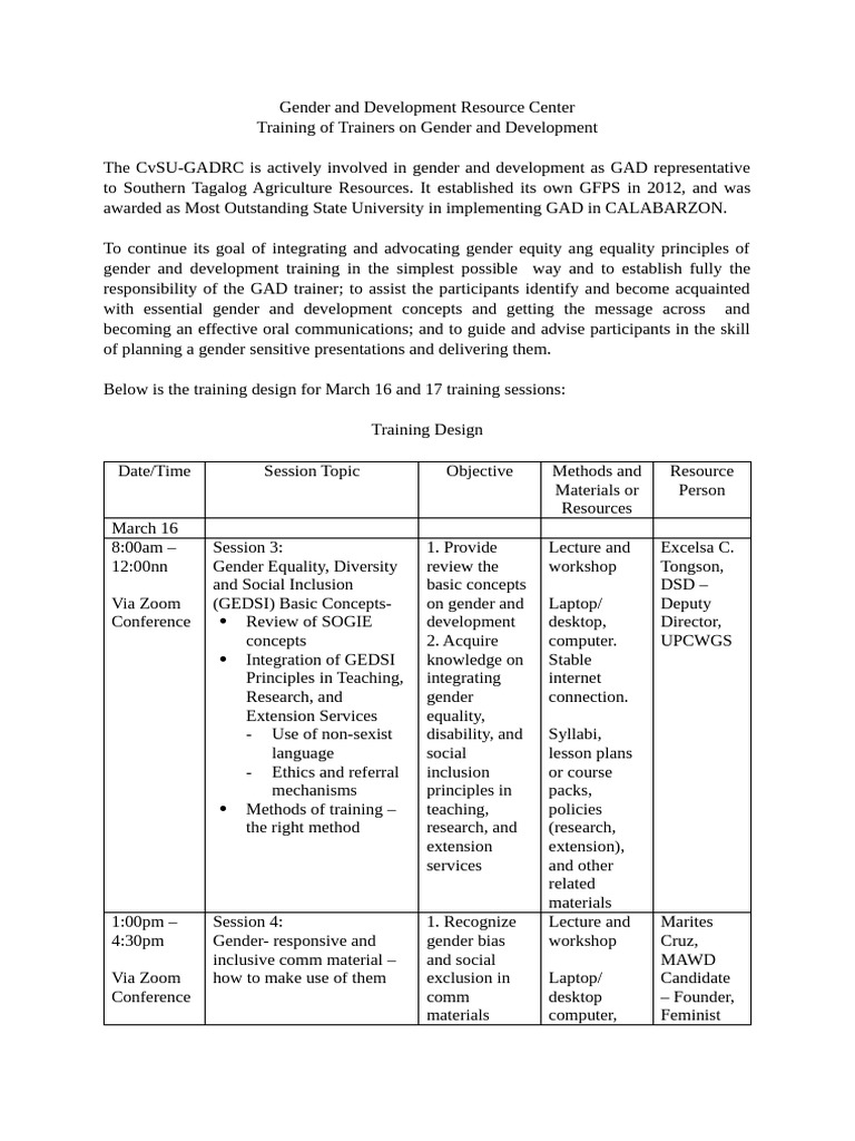Training of Trainers On Gender and Development | PDF | Gender And ...