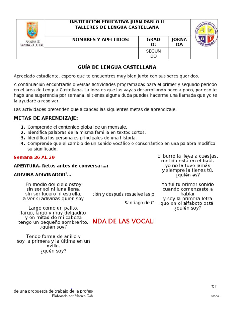 Actividades de Lengua Castellana para Estudiantes | PDF | Vocal ...