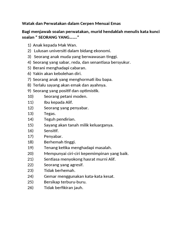 Watak dalam Cerpen Menuai Emas | PDF