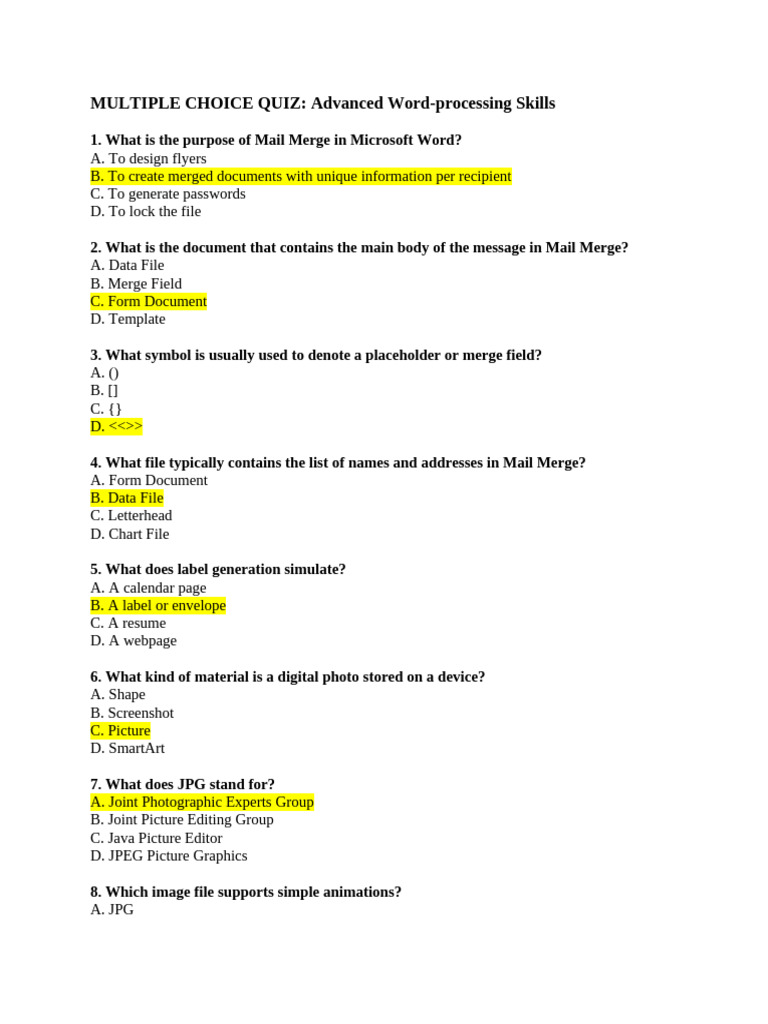 Advanced Word Processing Quiz | PDF | Page Layout | Microsoft Word