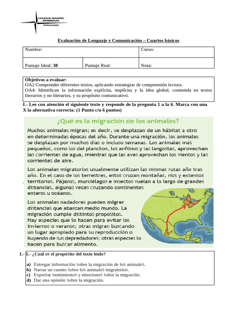 Examen Comunicación 4to Grado 2025 | PDF | Comunicación | Migración de aves