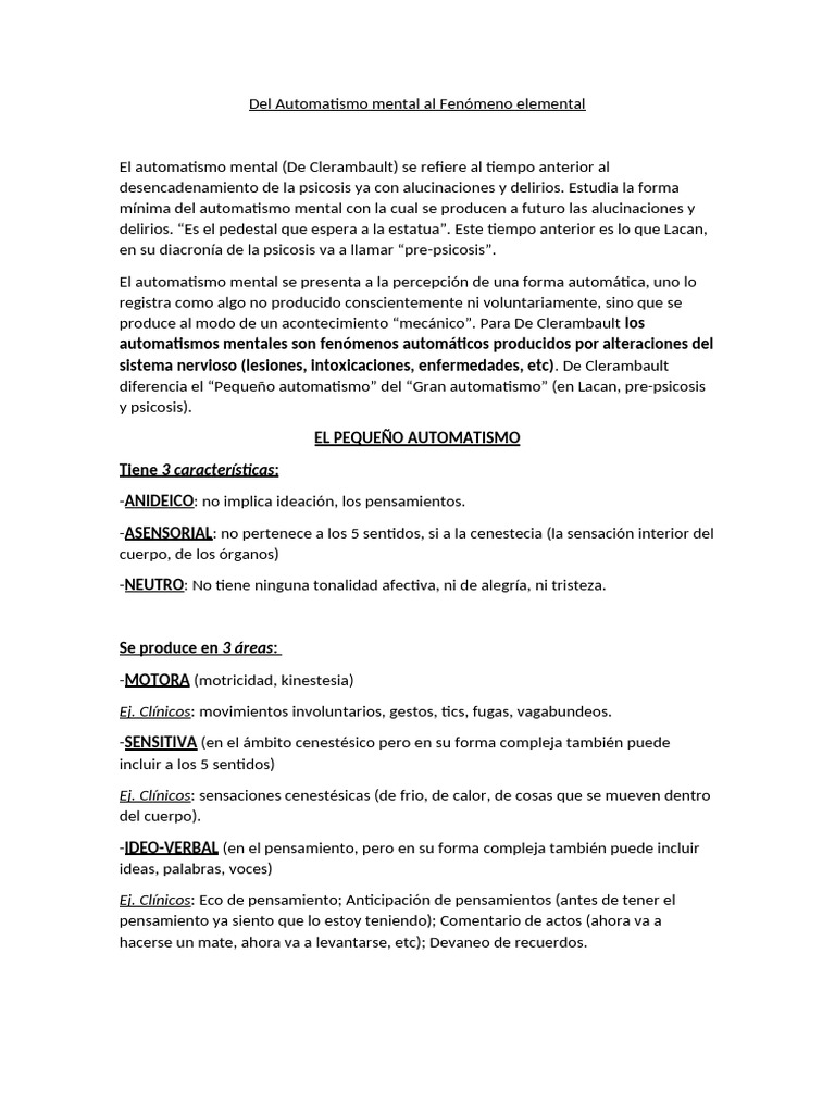 Automatismo Mental y Fenómeno Elemental | PDF | Alucinación | Psicosis