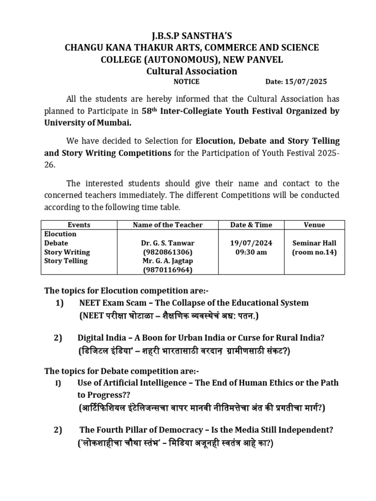 Notice for Youth Festival Competitions | PDF | Human Communication
