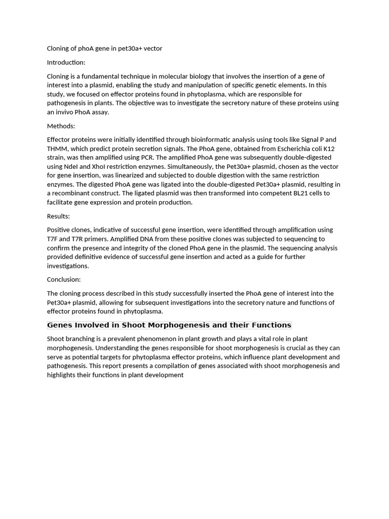 Cloning PhoA Gene in Pet30a+ Vector | PDF | Molecular Cloning | Dna ...