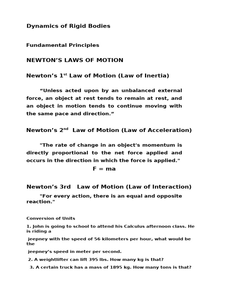 Rigid Body Dynamics and Motion Principles | PDF | Force | Newton's Laws ...