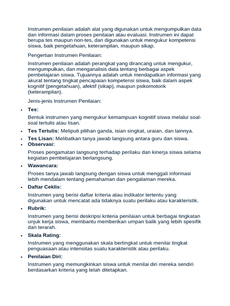 Jenis dan Pengertian Instrumen Penilaian | PDF