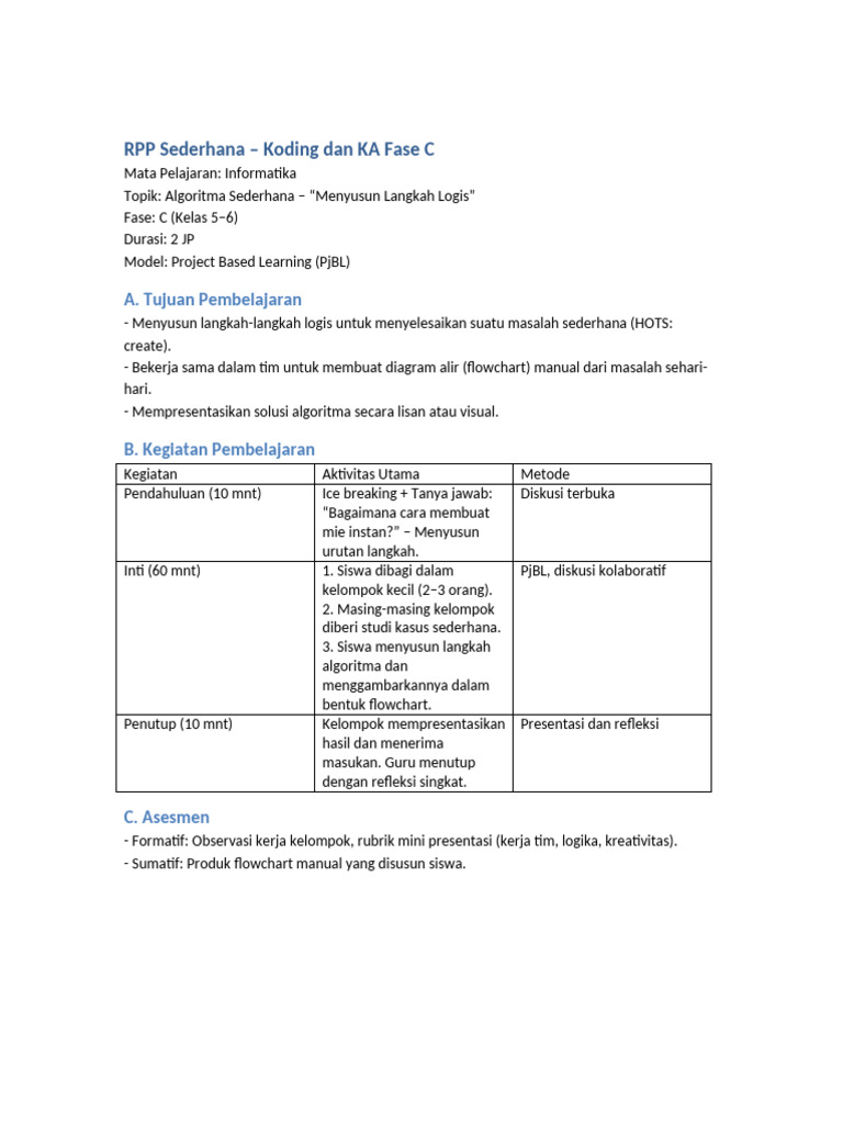 RPP Koding Fase C untuk Kelas 5-6 | PDF