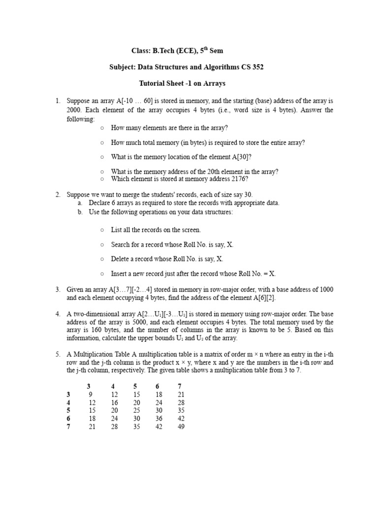 Data Structures Arrays Tutorial Sheet | PDF