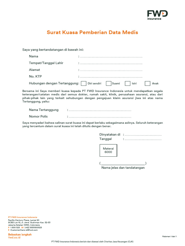 Surat Kuasa Data Medis FWD Insurance | PDF
