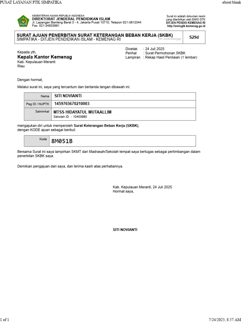 Pengajuan SKBK Siti Novianti Kemenag | PDF