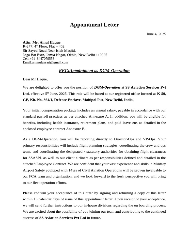Appointment as DGM-Operation at SSASPL | PDF | Aviation Safety | Business