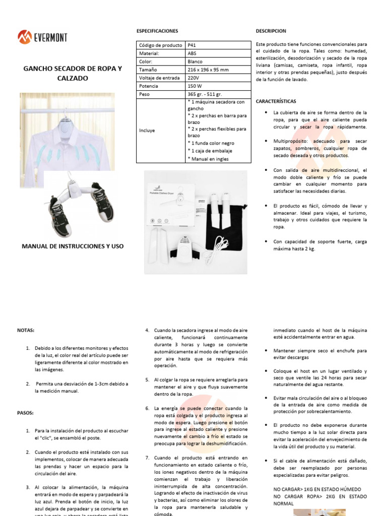 Secador de Ropa y Calzado: Manual de Uso | PDF | Secadora de ropa | Ropa