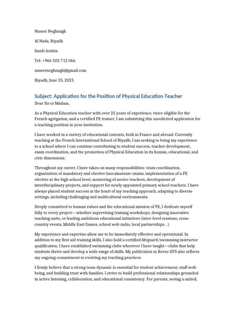 NQT Cover Letter: PE Teacher Application | PDF | Physical Education ...